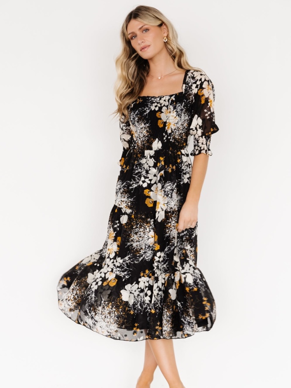 Baltic Born Black Floral Midi Dress with White and Mustard Accents